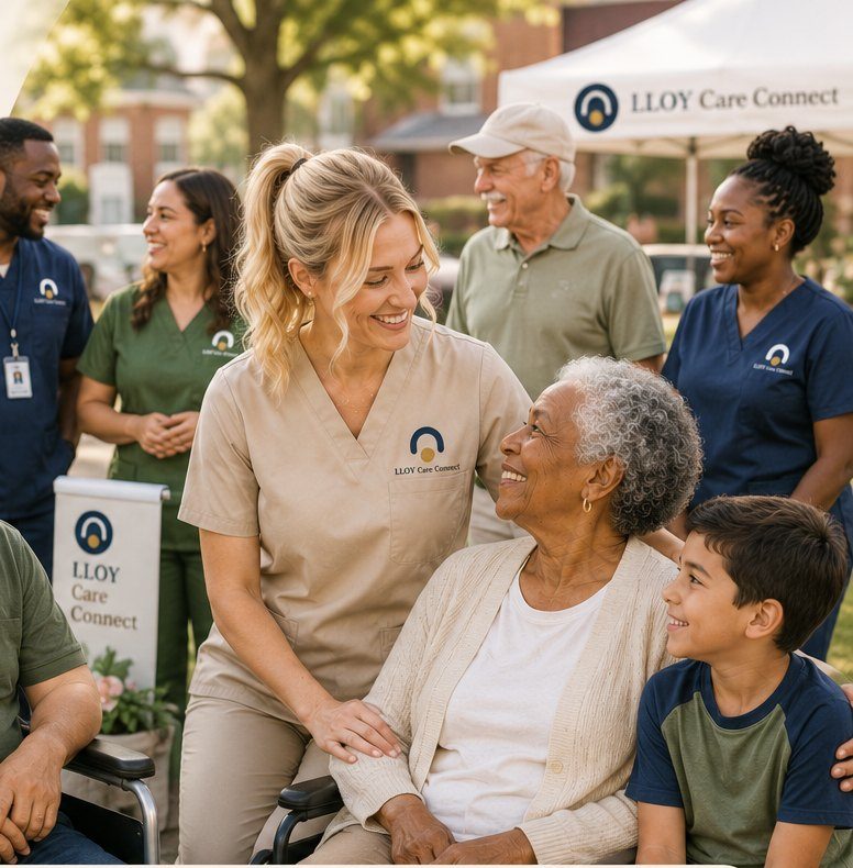 LLOY Care Connect caregivers and the families they support smiling together outdoors