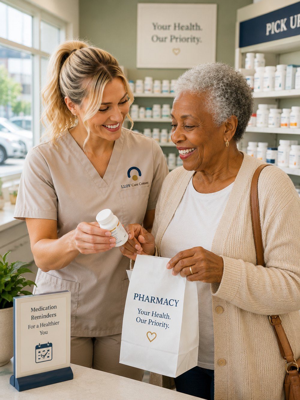 LLOY Care Connect caregiver helping a client manage medication at the pharmacy