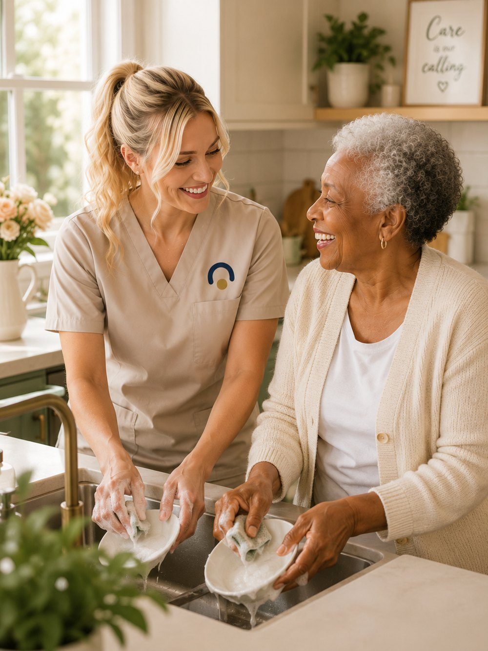 LLOY Care Connect caregiver washing dishes together with a client in her home