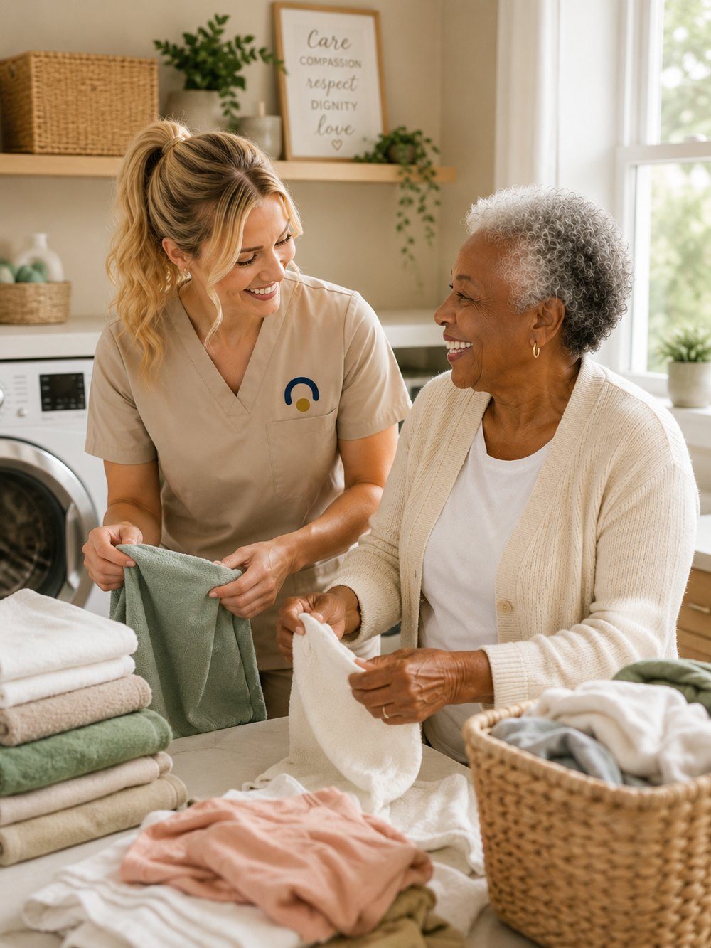 LLOY Care Connect caregiver folding laundry together with a client at home