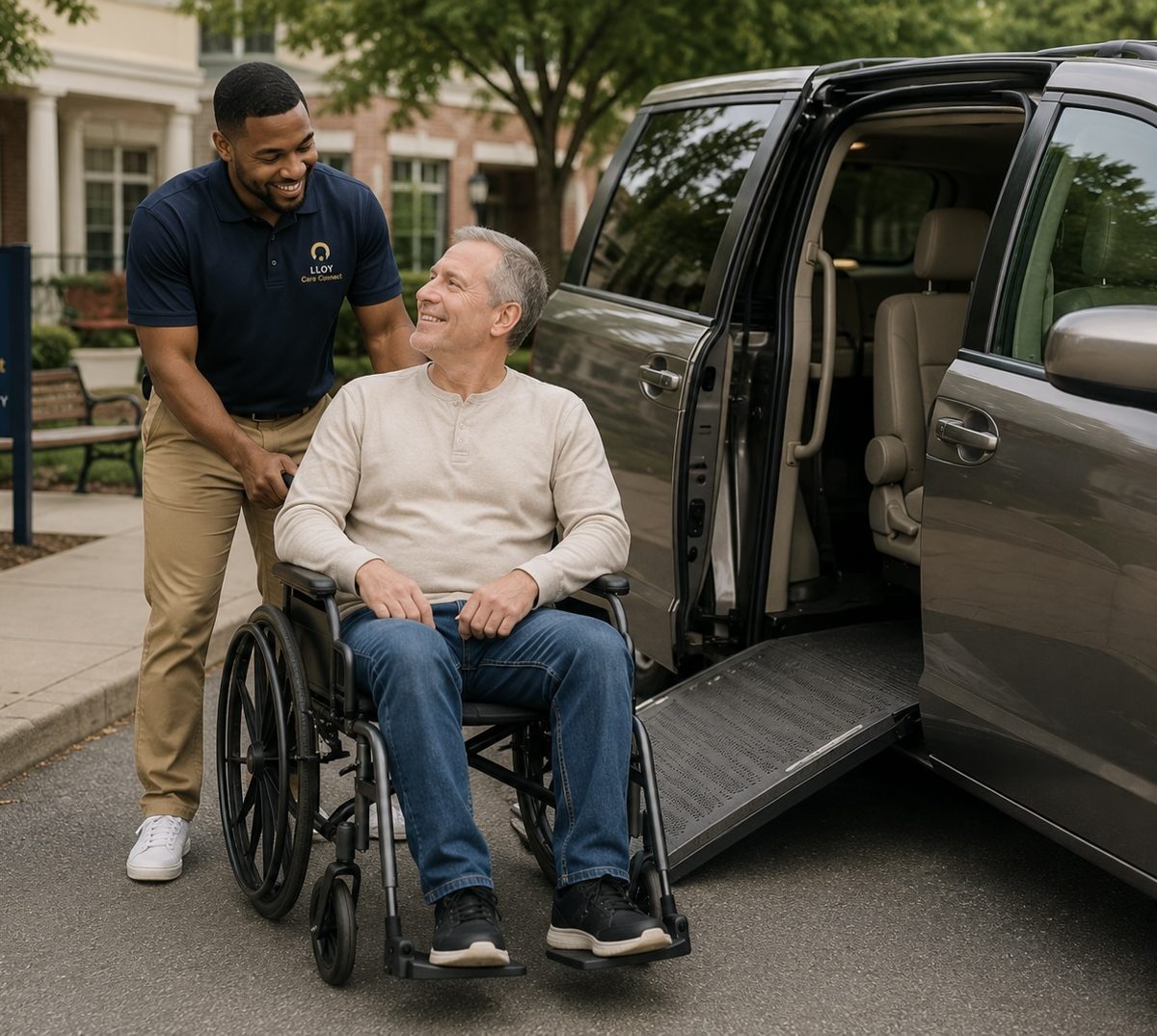 LLOY Care Connect caregiver helping a client into a wheelchair-accessible van